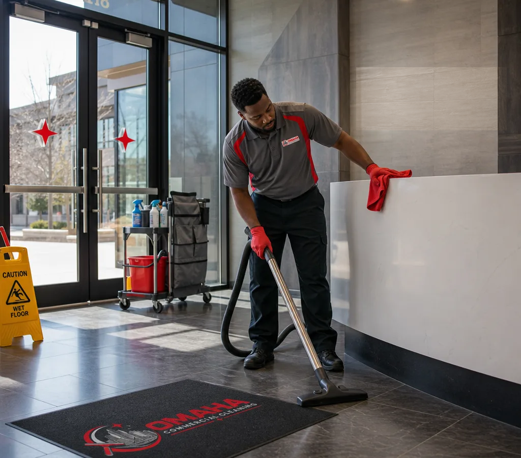 Commercial cleaner vacuuming and wiping down an Omaha office lobby entry